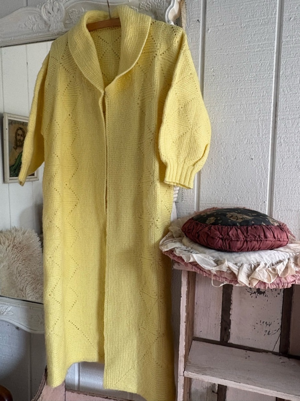 Vintage Handmade  Yellow Knit Long Cardigan Coat